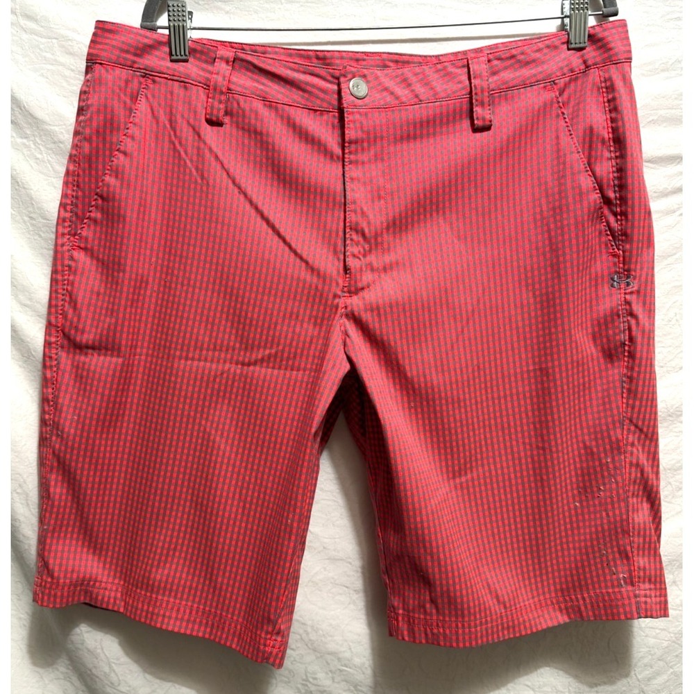 Under Armour Men's 38 Neon Orange & Gray Gingham Checked Golf Leisure Shorts